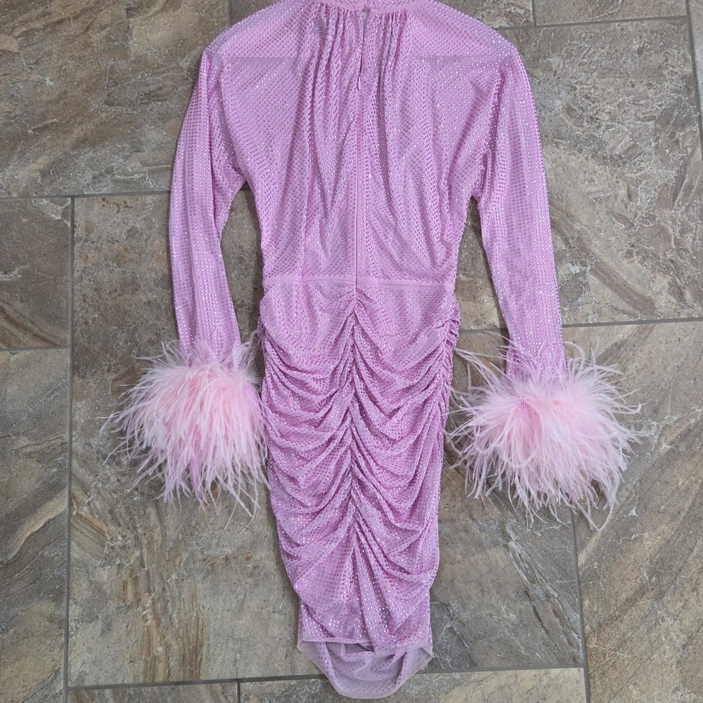 Self-Portrait Pink Rhinestone Mesh Mini Dress Feather Cuffs US 2 UK 6 - Picture 7 of 9
